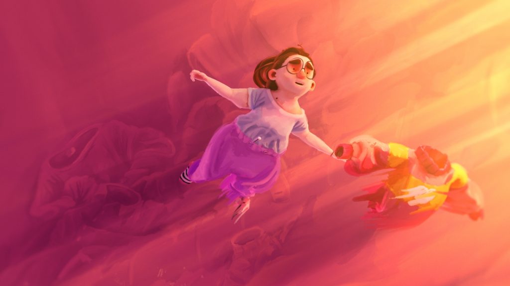 A still from the film Loneliness And Laundry. An animated film, a women is flying through a pink sky holding a jumper.